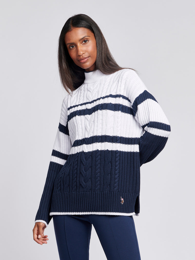 Womens Colour Block Cable Jumper in Navy Iris