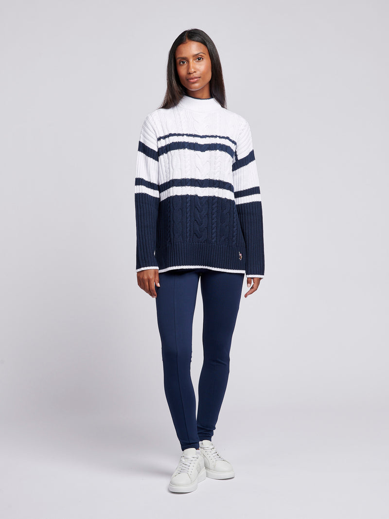 Womens Colour Block Cable Jumper in Navy Iris