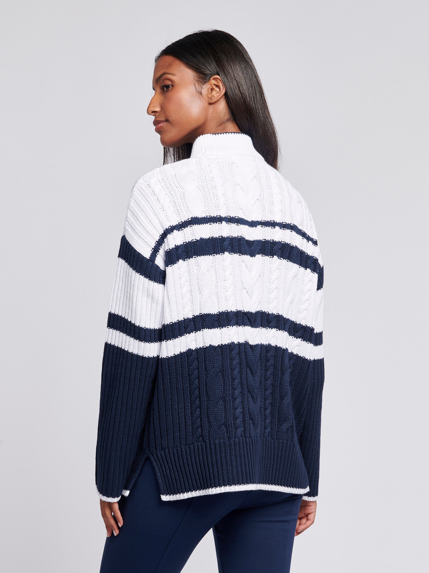 Womens Colour Block Cable Jumper in Navy Iris