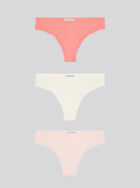 3 Pack Lace Trim Rib Thong Sugar Coral