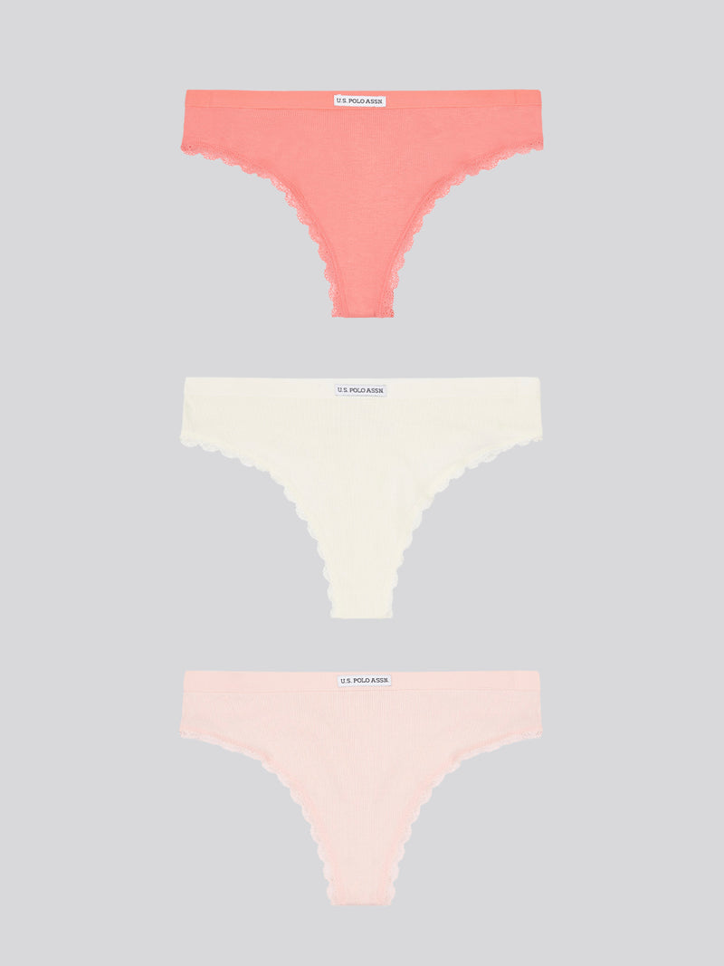 3 Pack Lace Trim Rib Thong Sugar Coral