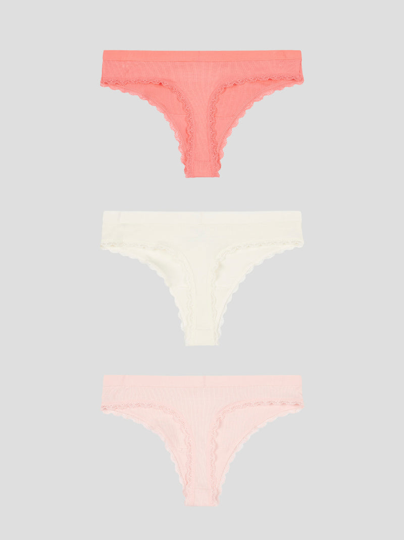 3 Pack Lace Trim Rib Thong Sugar Coral