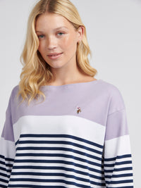 Womens Block Stripe Boatneck Long Sleeve Top in Viola