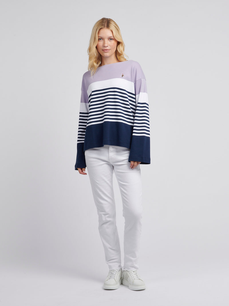 Womens Block Stripe Boatneck Long Sleeve Top in Viola