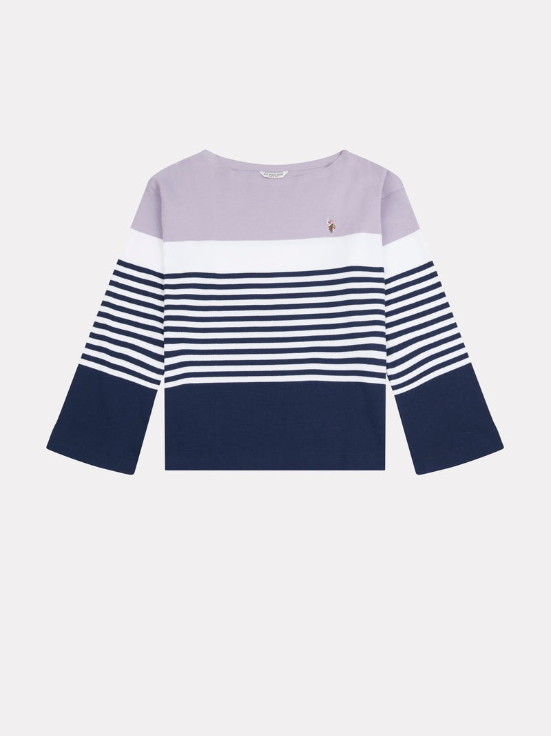 Womens Block Stripe Boatneck Long Sleeve Top in Viola