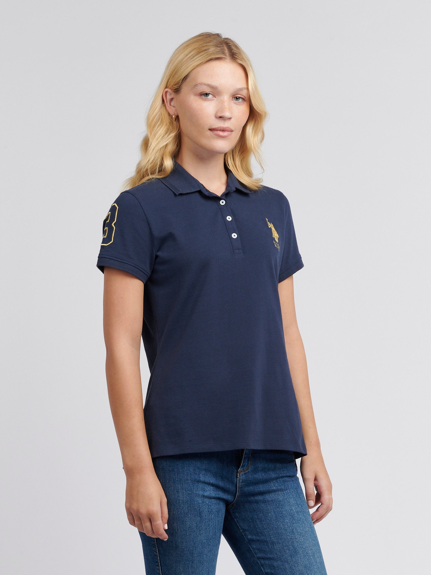 Womens Player 3 Gold Polo Shirt in Navy Iris