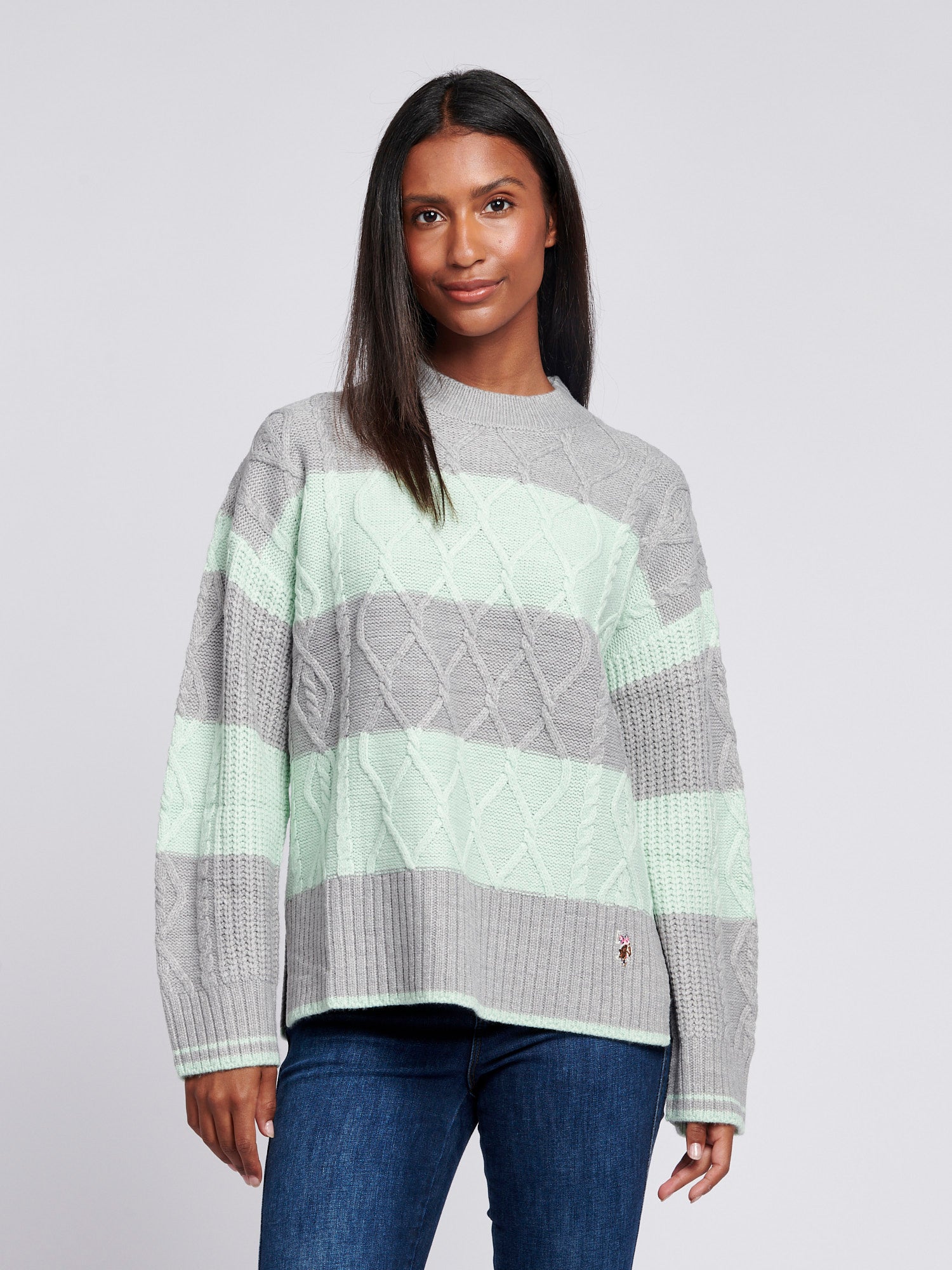 Womens Mixed Cable Stripe Jumper in Surf Spray