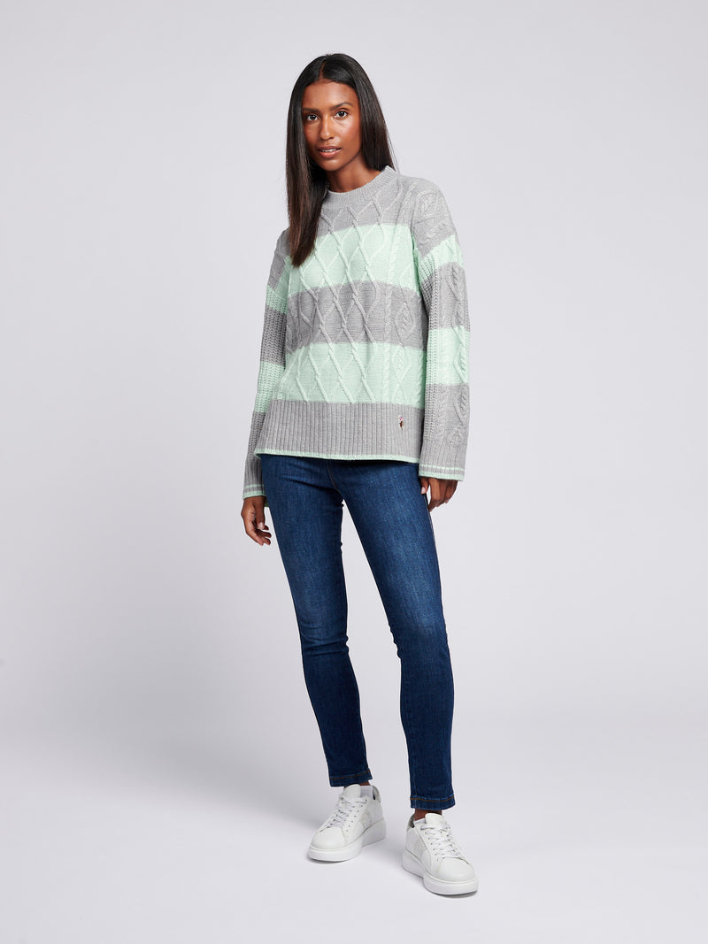 Womens Mixed Cable Stripe Jumper in Surf Spray