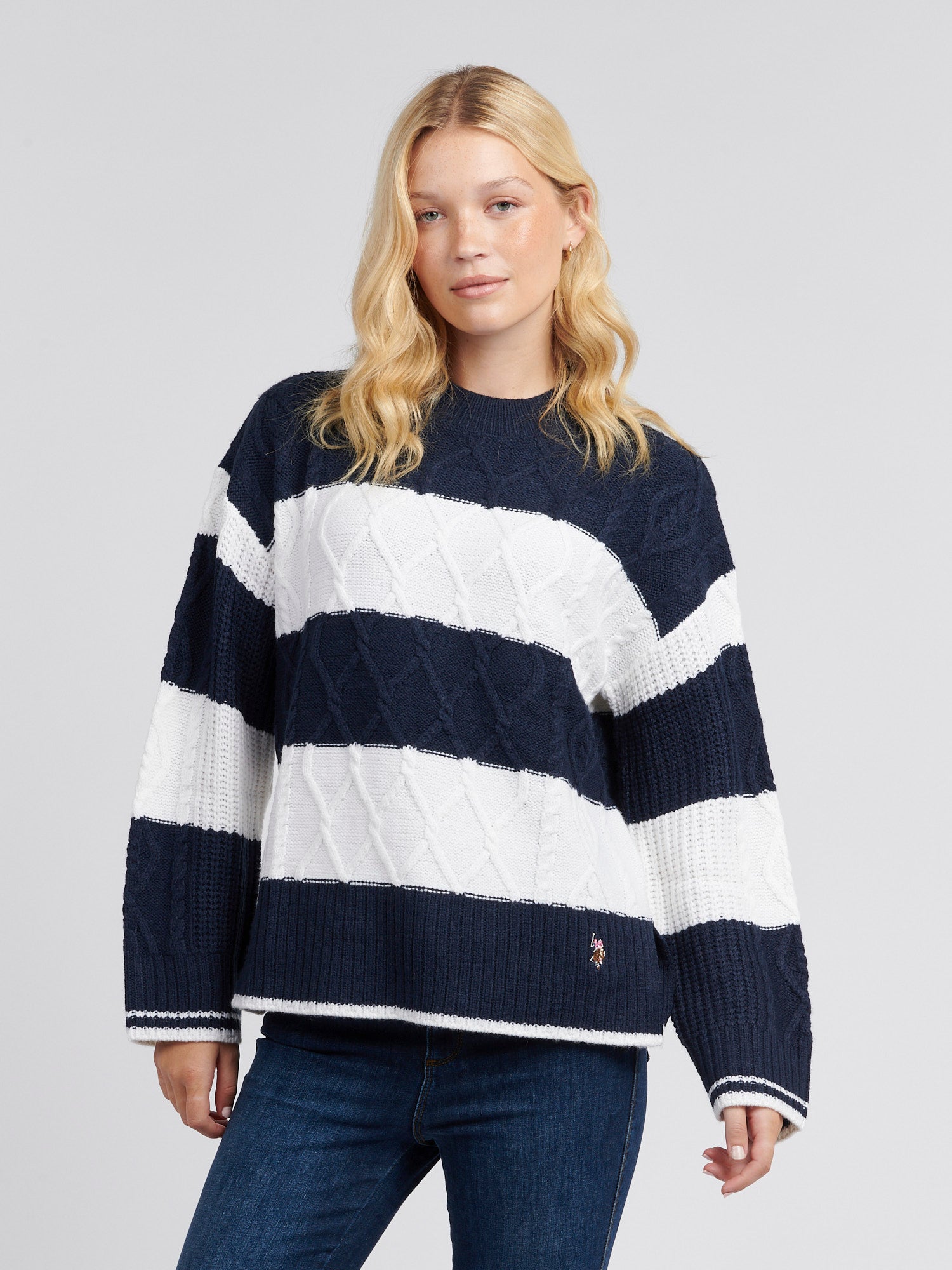 Womens Mixed Cable Stripe Jumper in Navy Iris