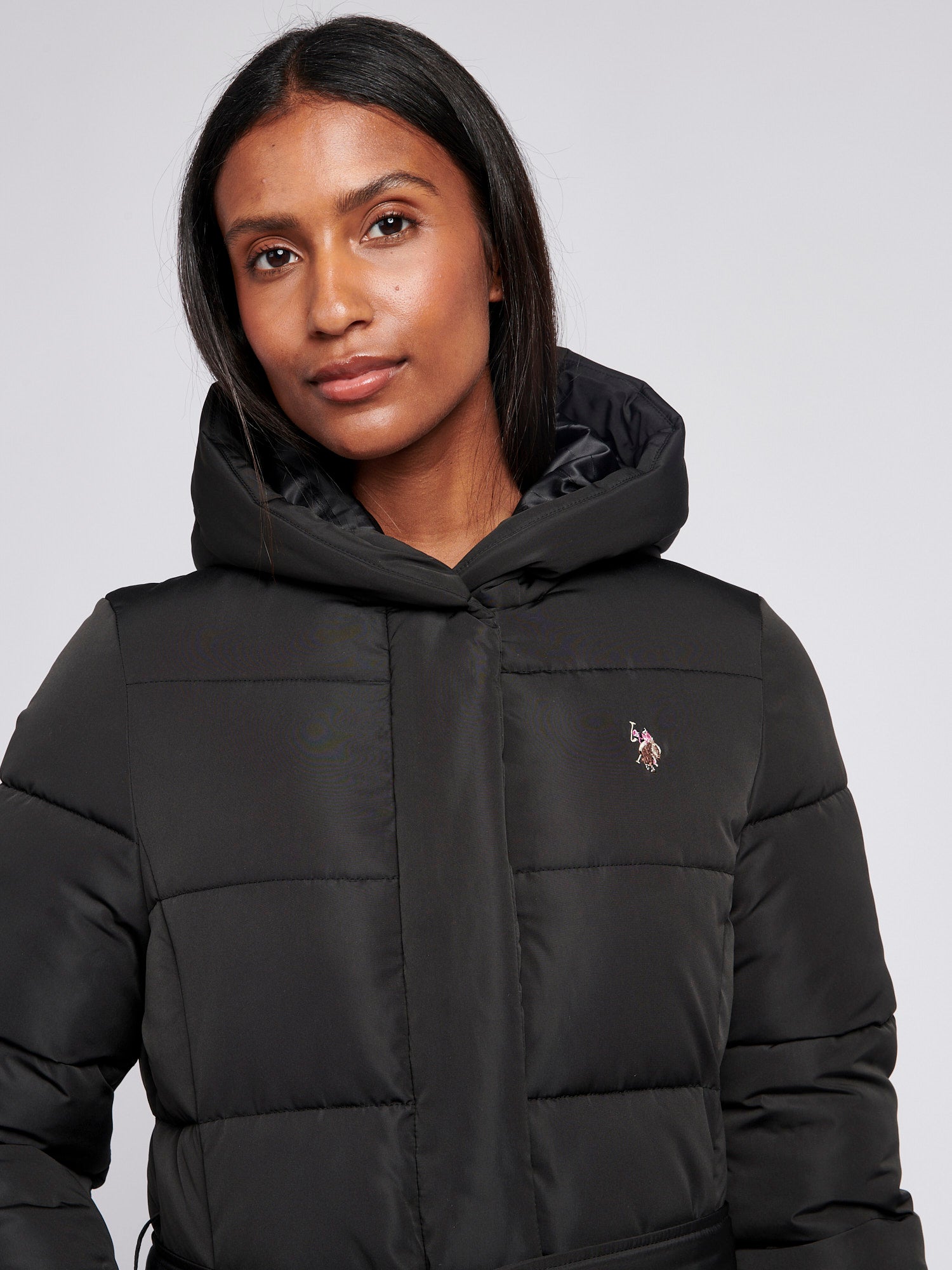 Womens Long Belted Puffer Coat in Black U.S. Polo Assn. UK