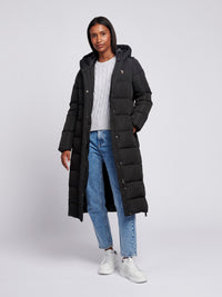 Womens Long Belted Puffer Coat in Black