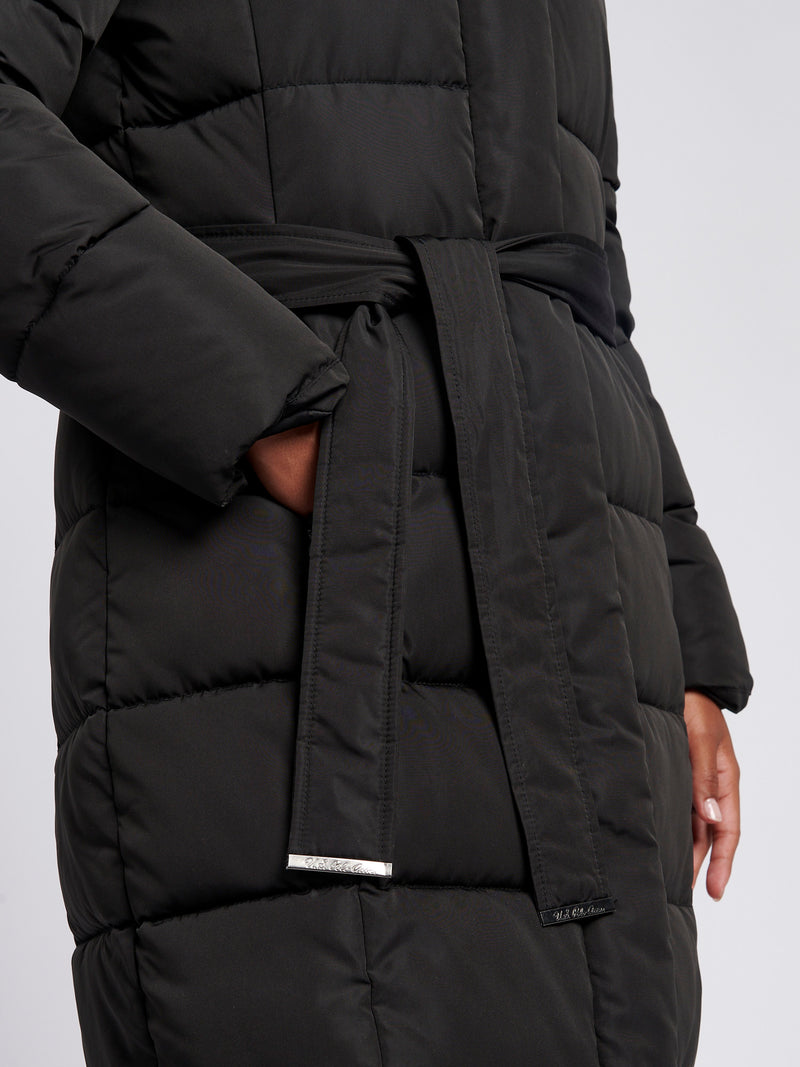 Womens Long Belted Puffer Coat in Black