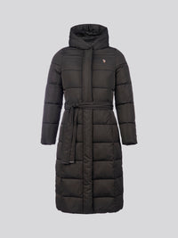 Womens Long Belted Puffer Coat in Black