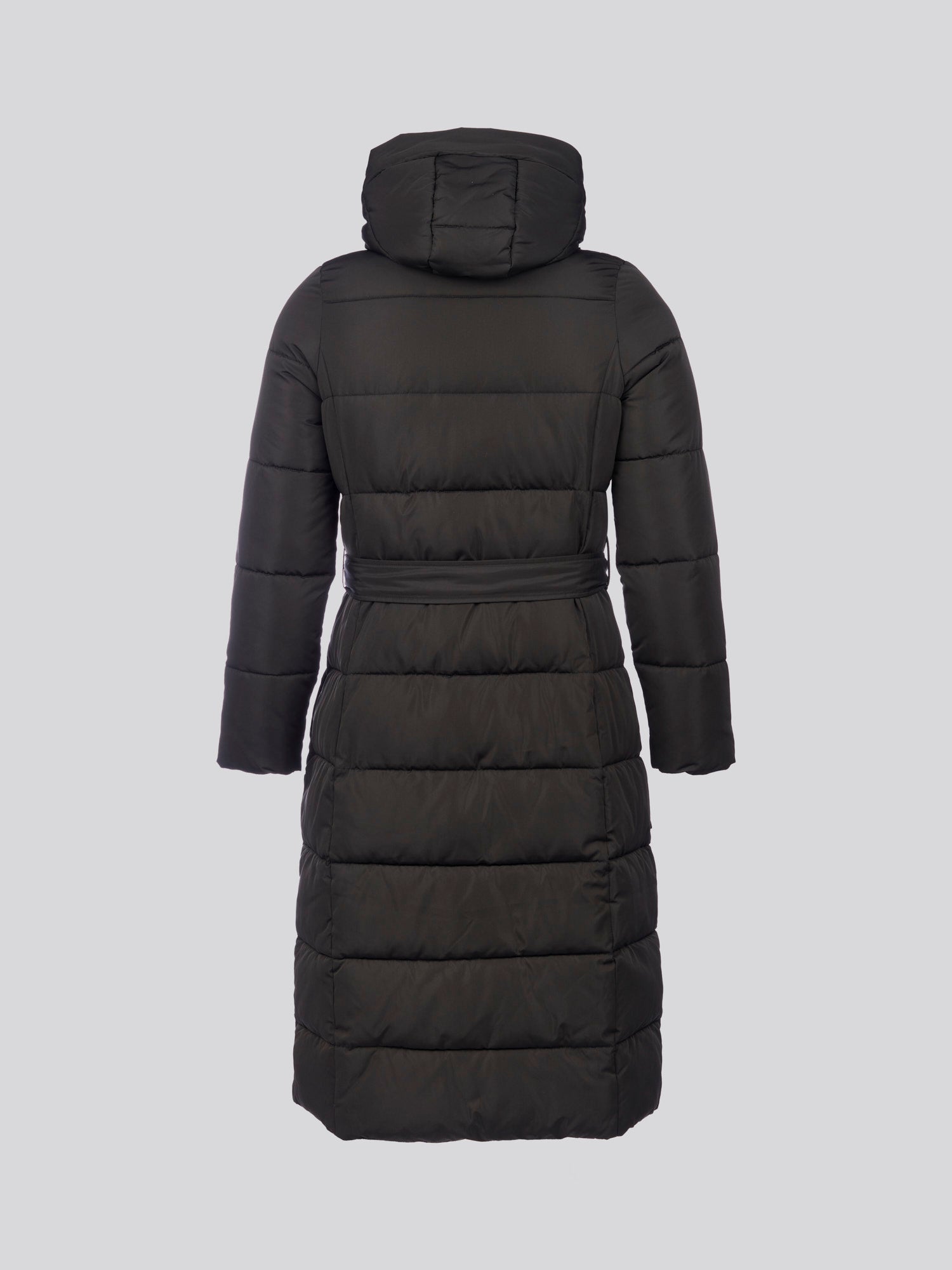 Womens Long Belted Puffer Coat in Black