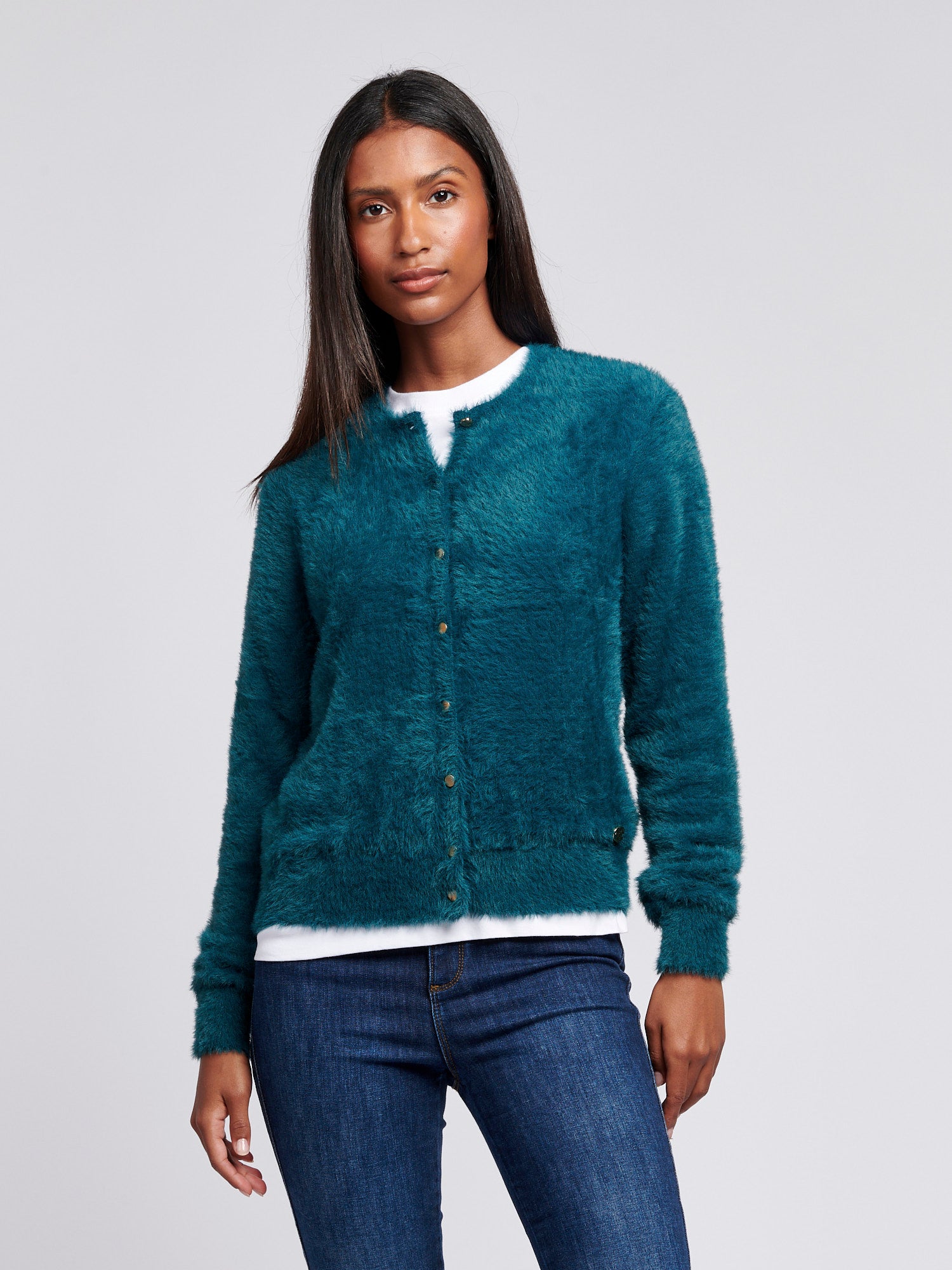 Womens Fluffy Cardigan in Deep Teal