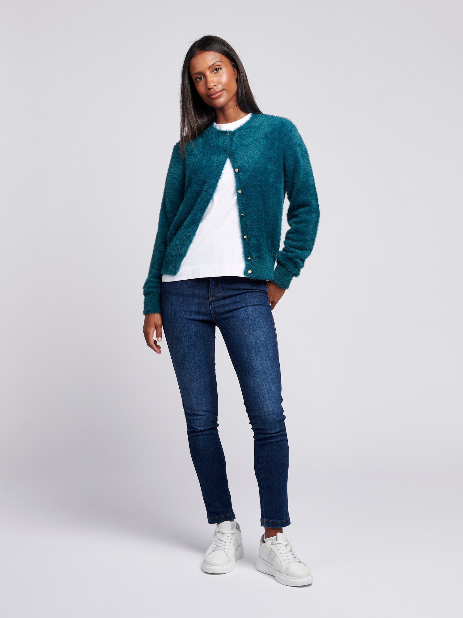 Womens Fluffy Cardigan in Deep Teal