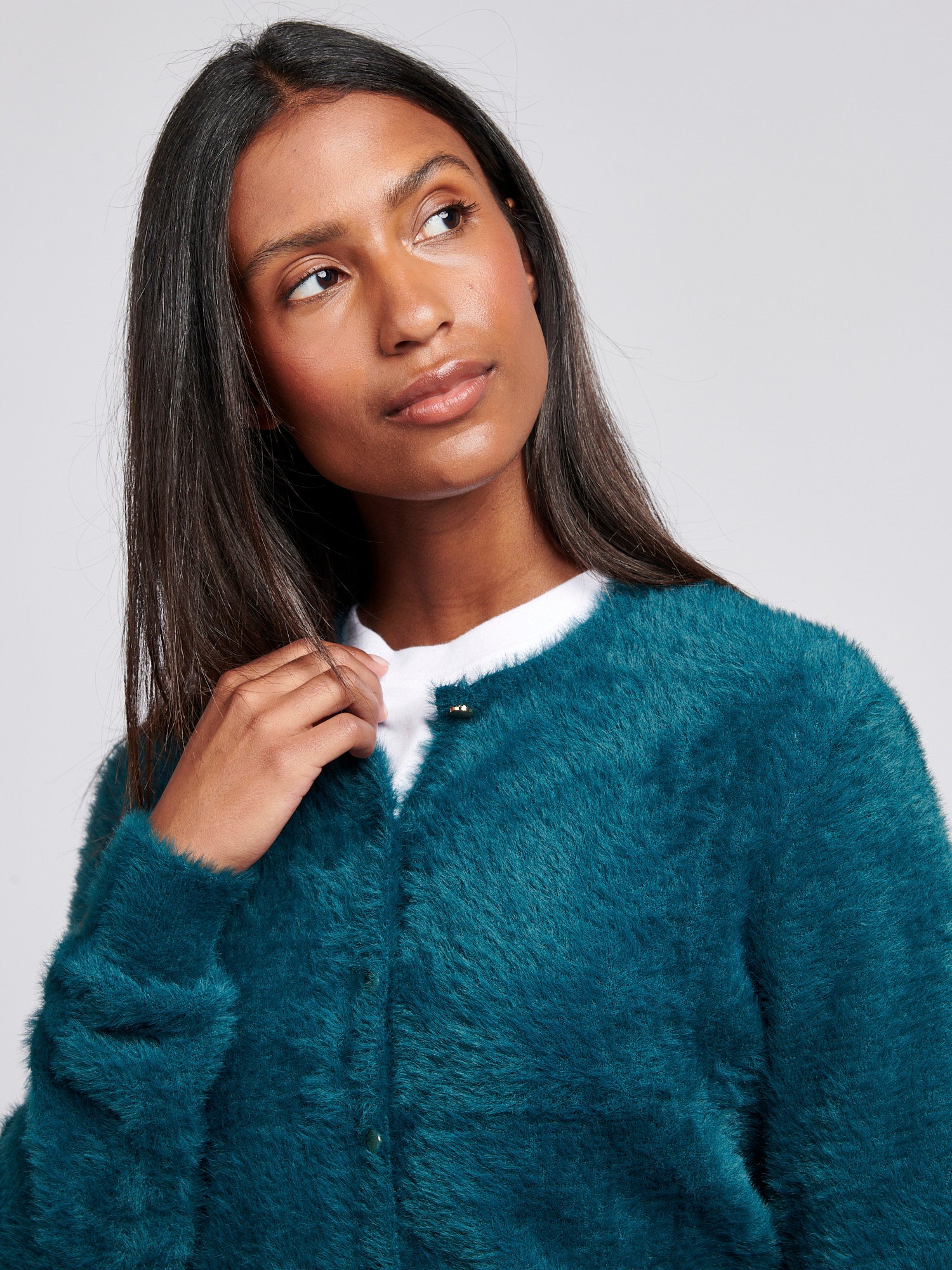 Womens Fluffy Cardigan in Deep Teal