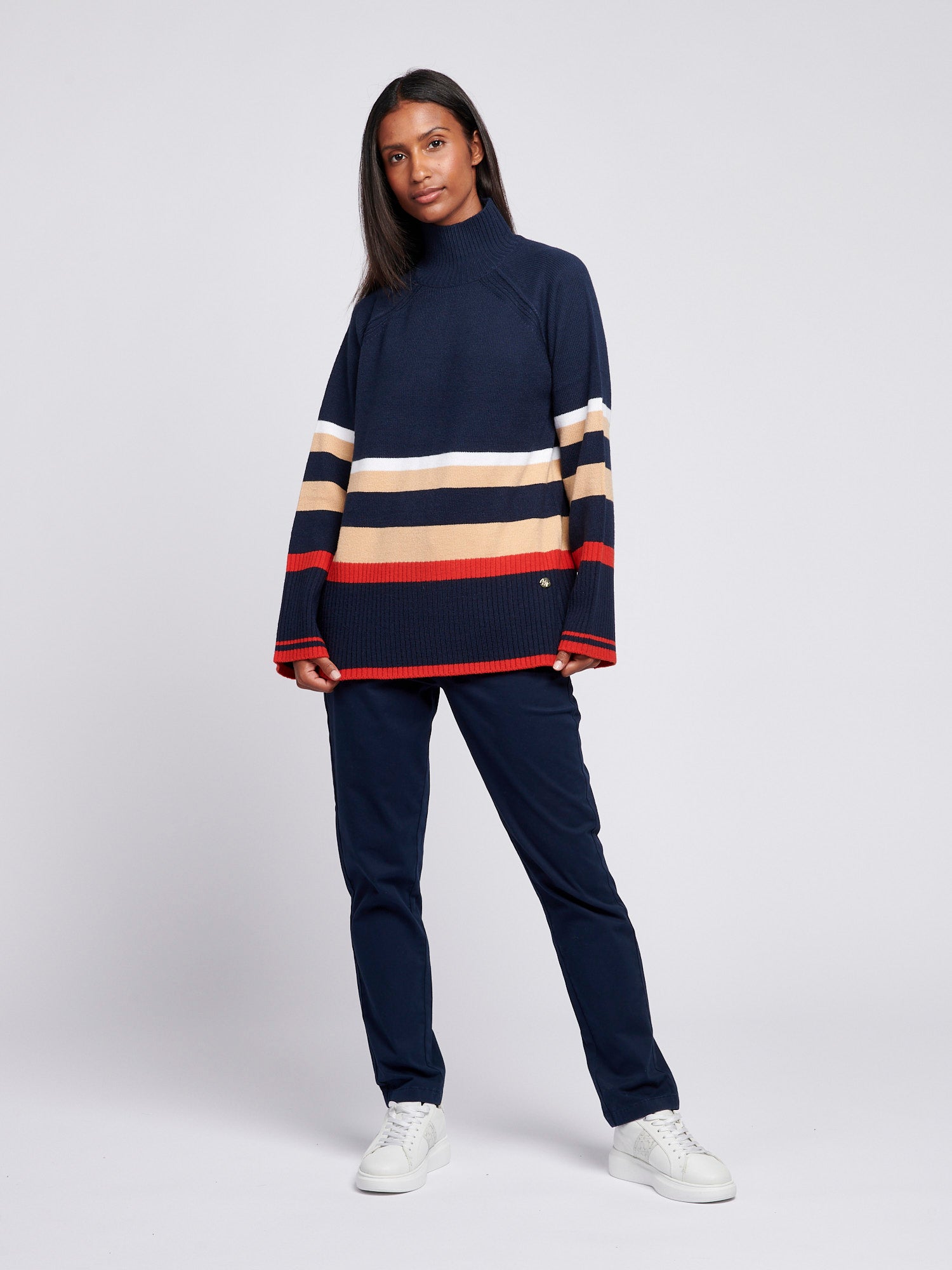 Womens Striped Longline Jumper in Navy Iris