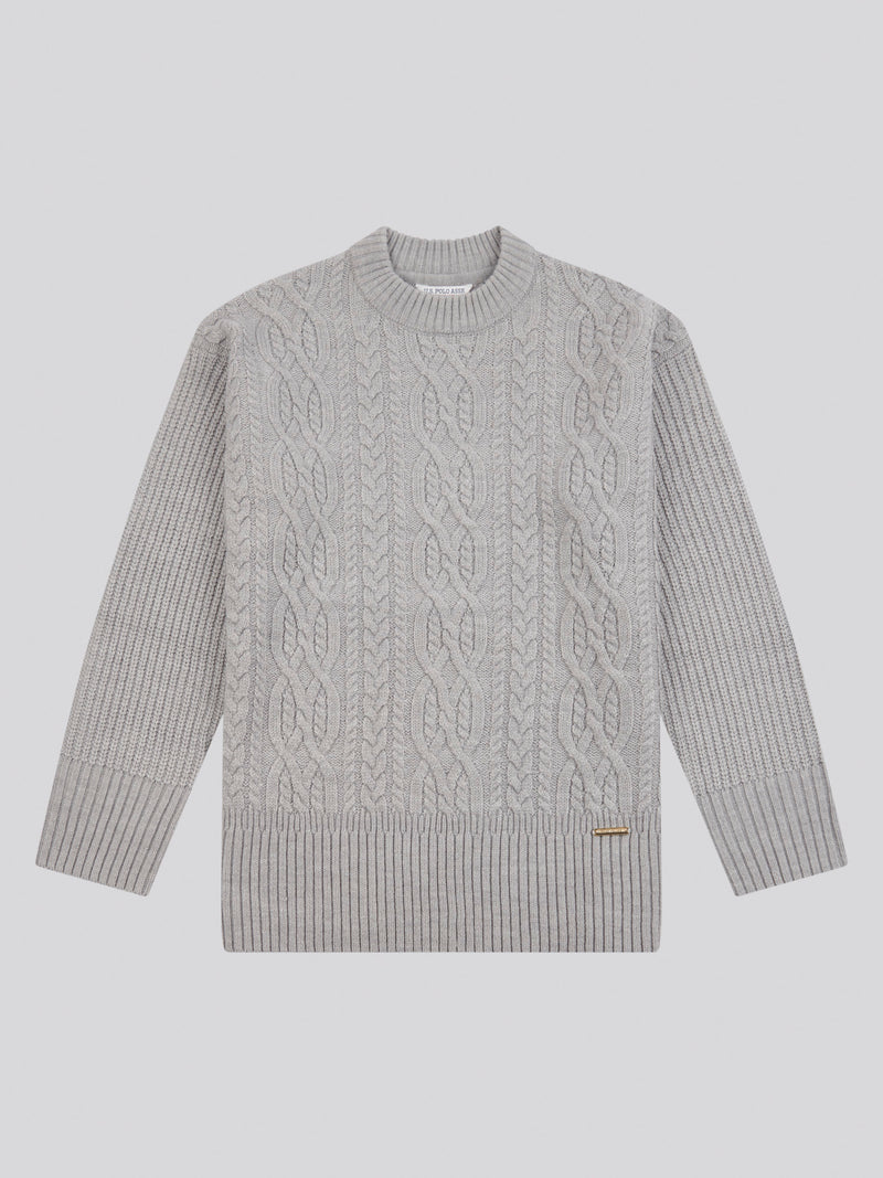 Womens Aran Knit Jumper in Pearl Grey Marl