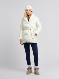 Womens Wrap Collar Belted Puffer Coat in Marshmallow