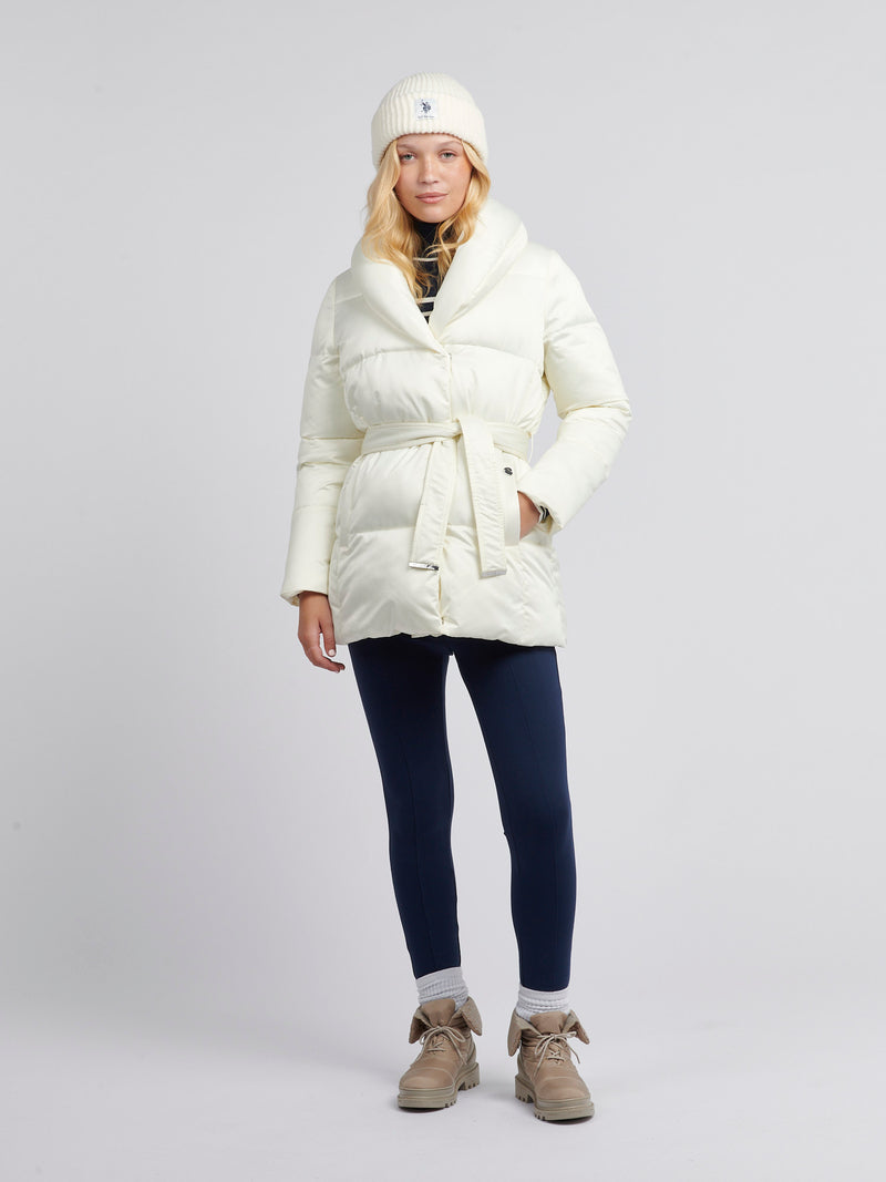 Womens Wrap Collar Belted Puffer Coat in Marshmallow