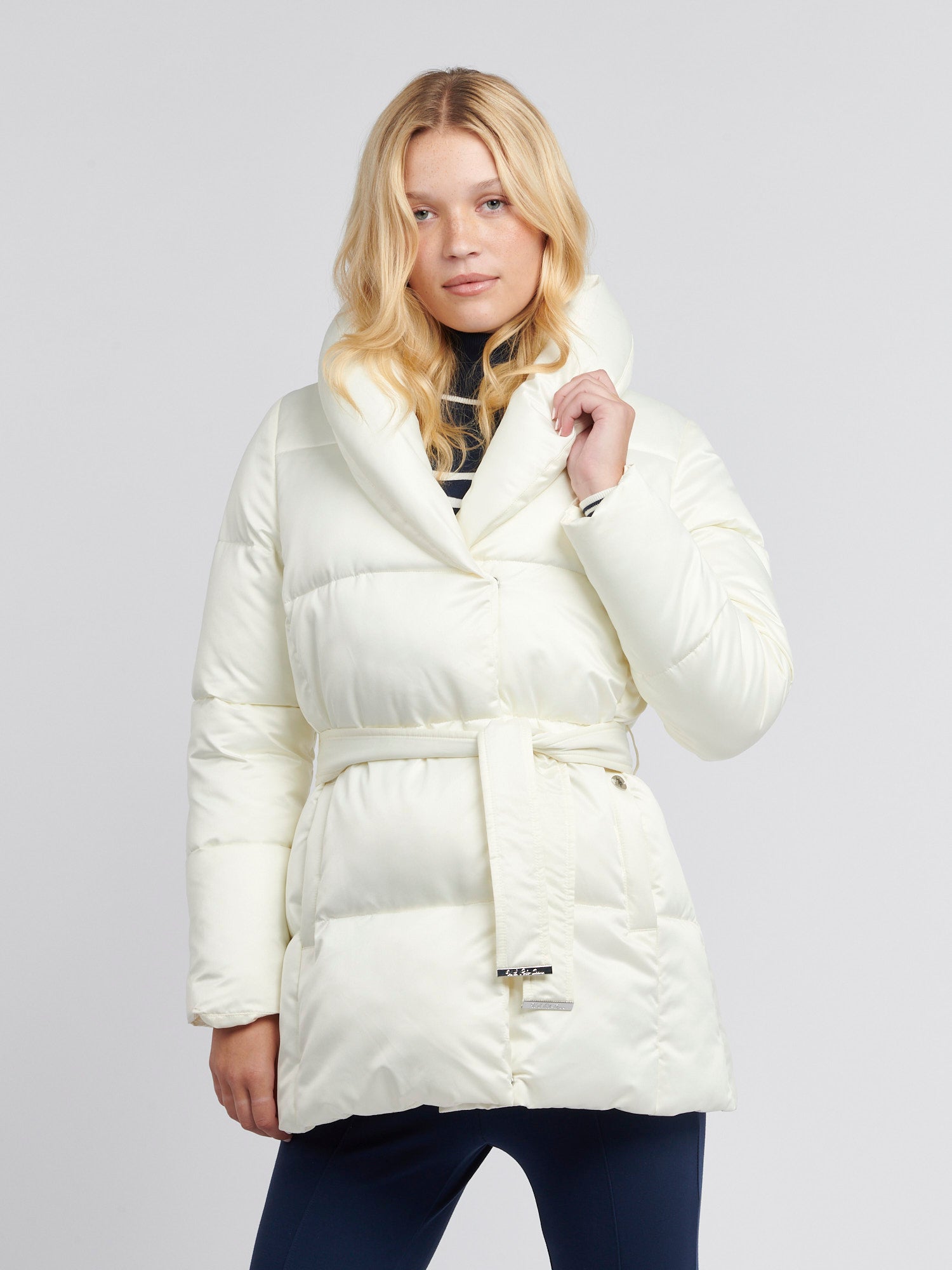 Womens Wrap Collar Belted Puffer Coat in Marshmallow