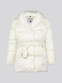 Womens Wrap Collar Belted Puffer Coat in Marshmallow