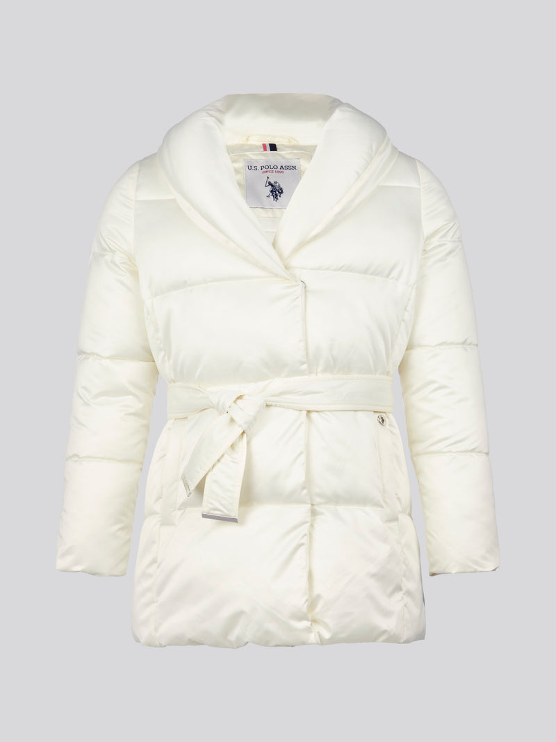 Womens Wrap Collar Belted Puffer Coat in Marshmallow