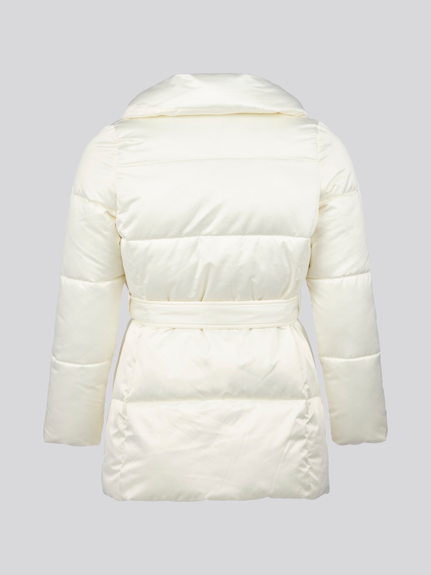 Womens Wrap Collar Belted Puffer Coat in Marshmallow