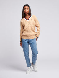 Womens Cable Knit Cricket Jumper in Cuban Sand