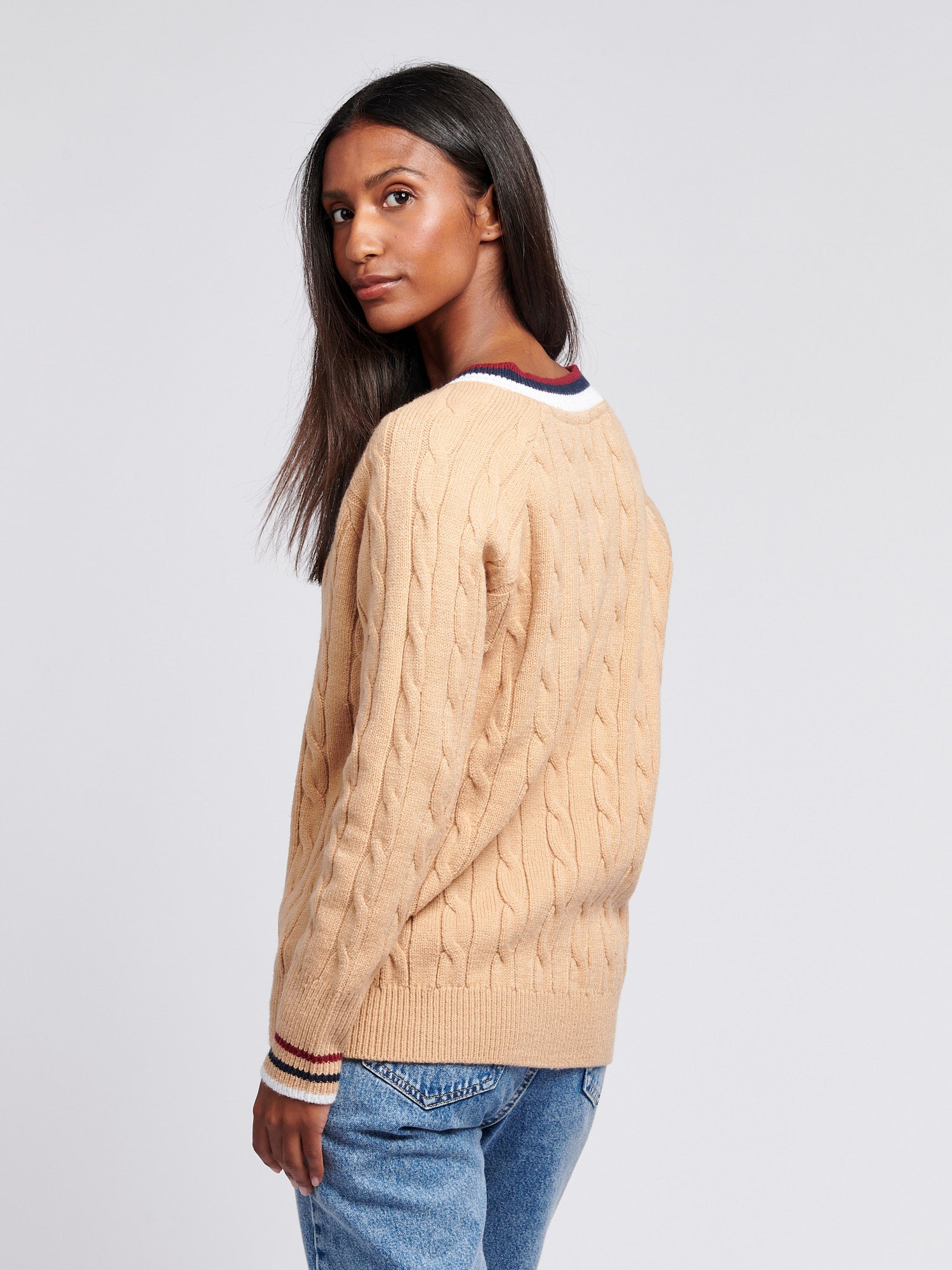 Womens Cable Knit Cricket Jumper in Cuban Sand