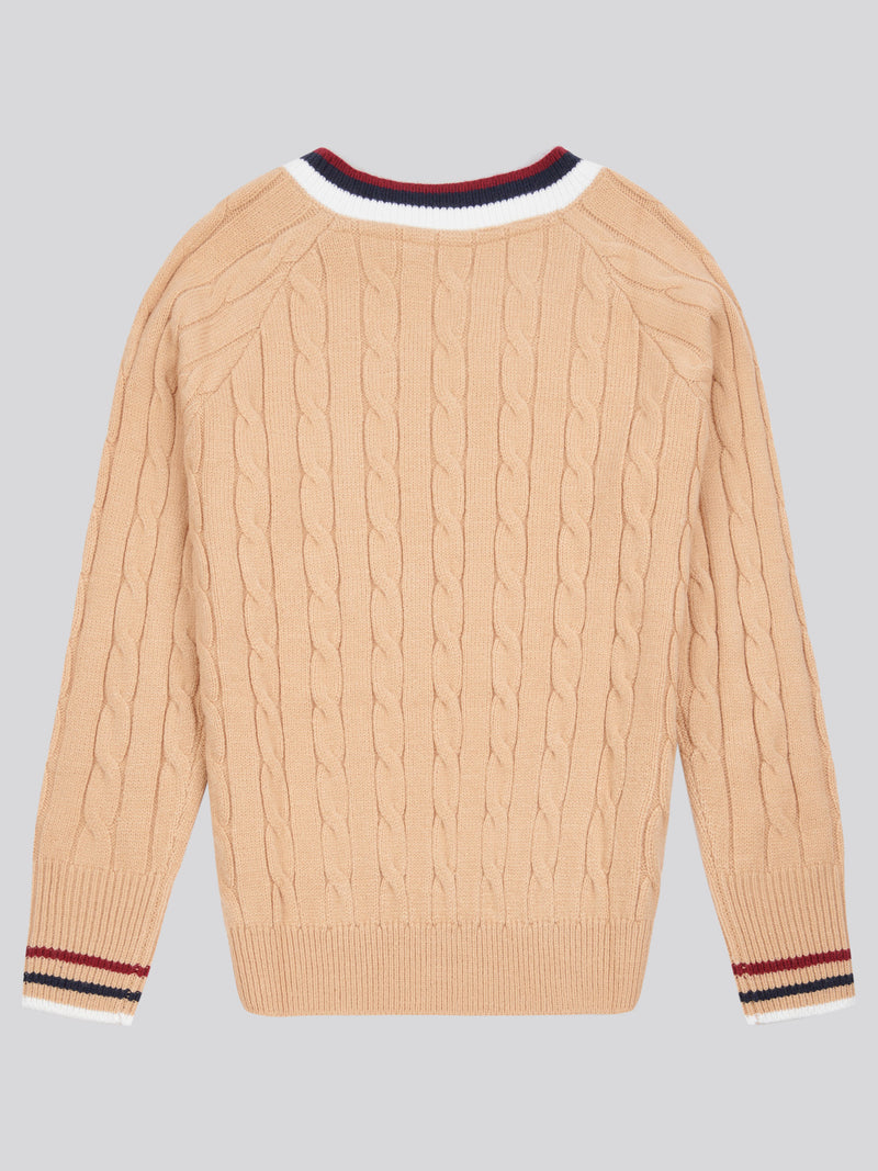 Womens Cable Knit Cricket Jumper in Cuban Sand