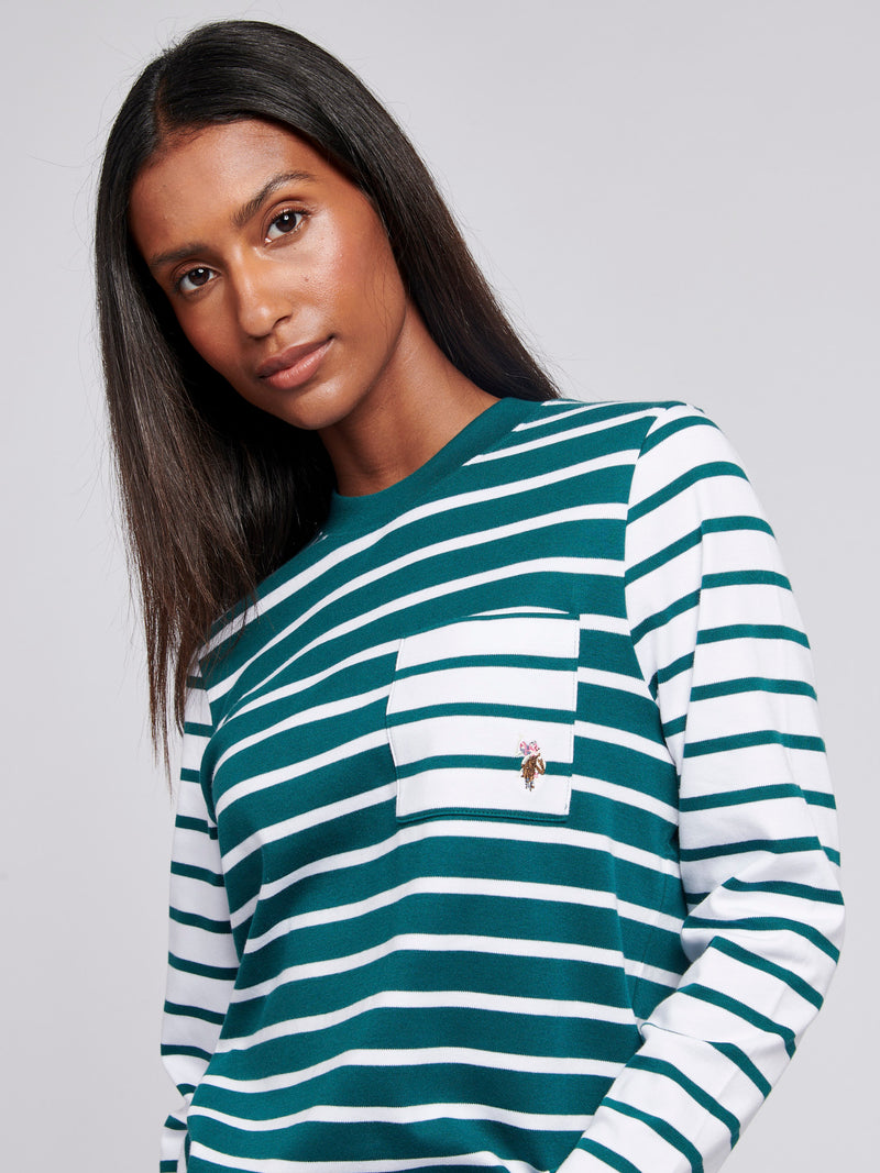 Womens Mixed Stripe Long Sleeve T-Shirt in Deep Teal