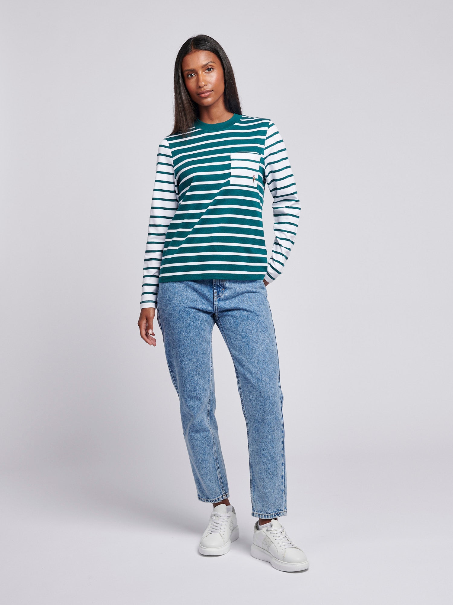 Womens Mixed Stripe Long Sleeve T-Shirt in Deep Teal