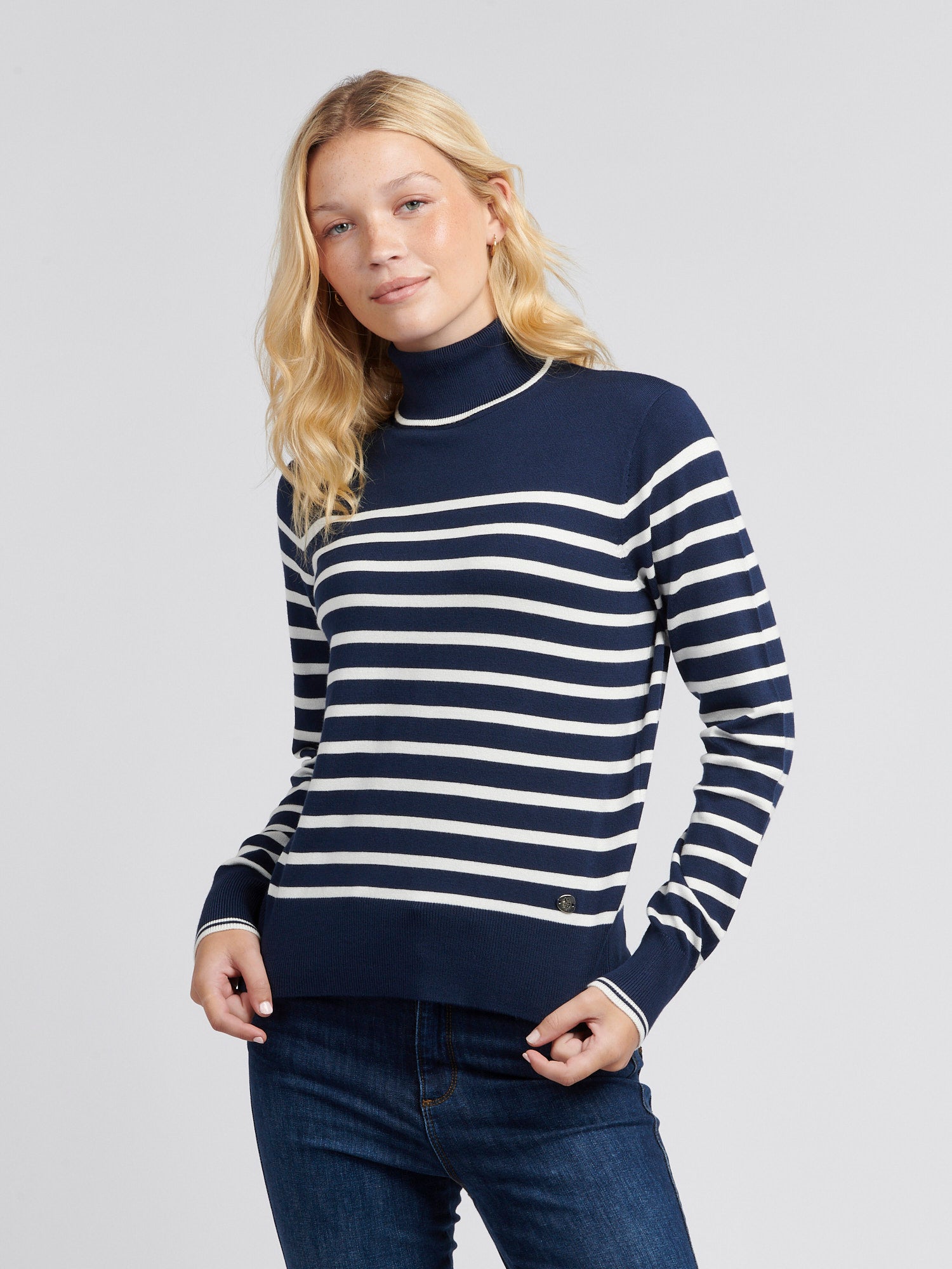 Womens Striped Roll Neck Fine Knit Jumper in Navy Iris