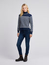 Womens Striped Roll Neck Fine Knit Jumper in Navy Iris