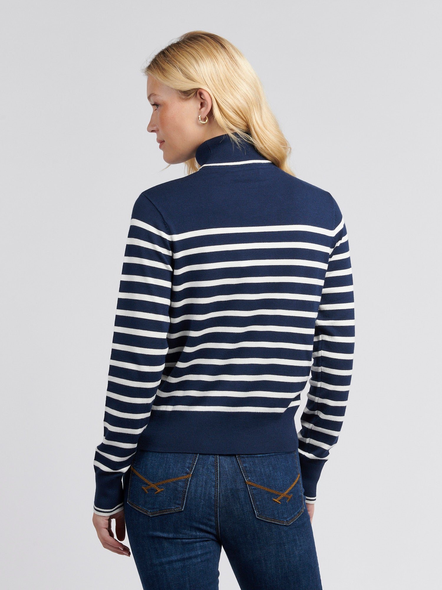 Womens Striped Roll Neck Fine Knit Jumper in Navy Iris