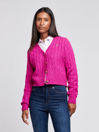 Womens Cable Knit Cardigan in Fuchsia Red