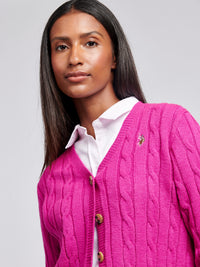 Womens Cable Knit Cardigan in Fuchsia Red