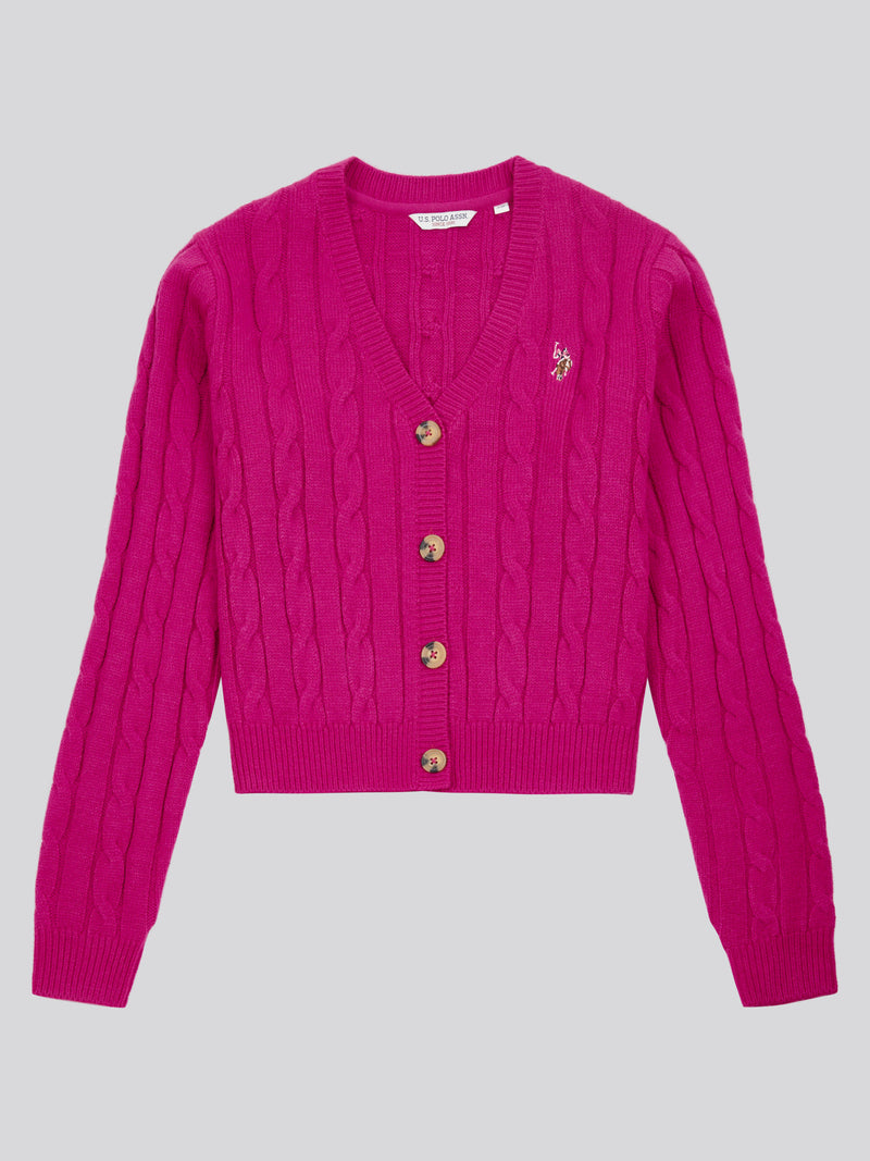 Womens Cable Knit Cardigan in Fuchsia Red