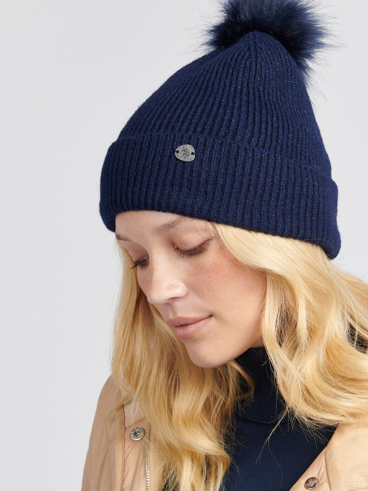 Womens Lurex Fur Bobble Beanie in Navy Iris