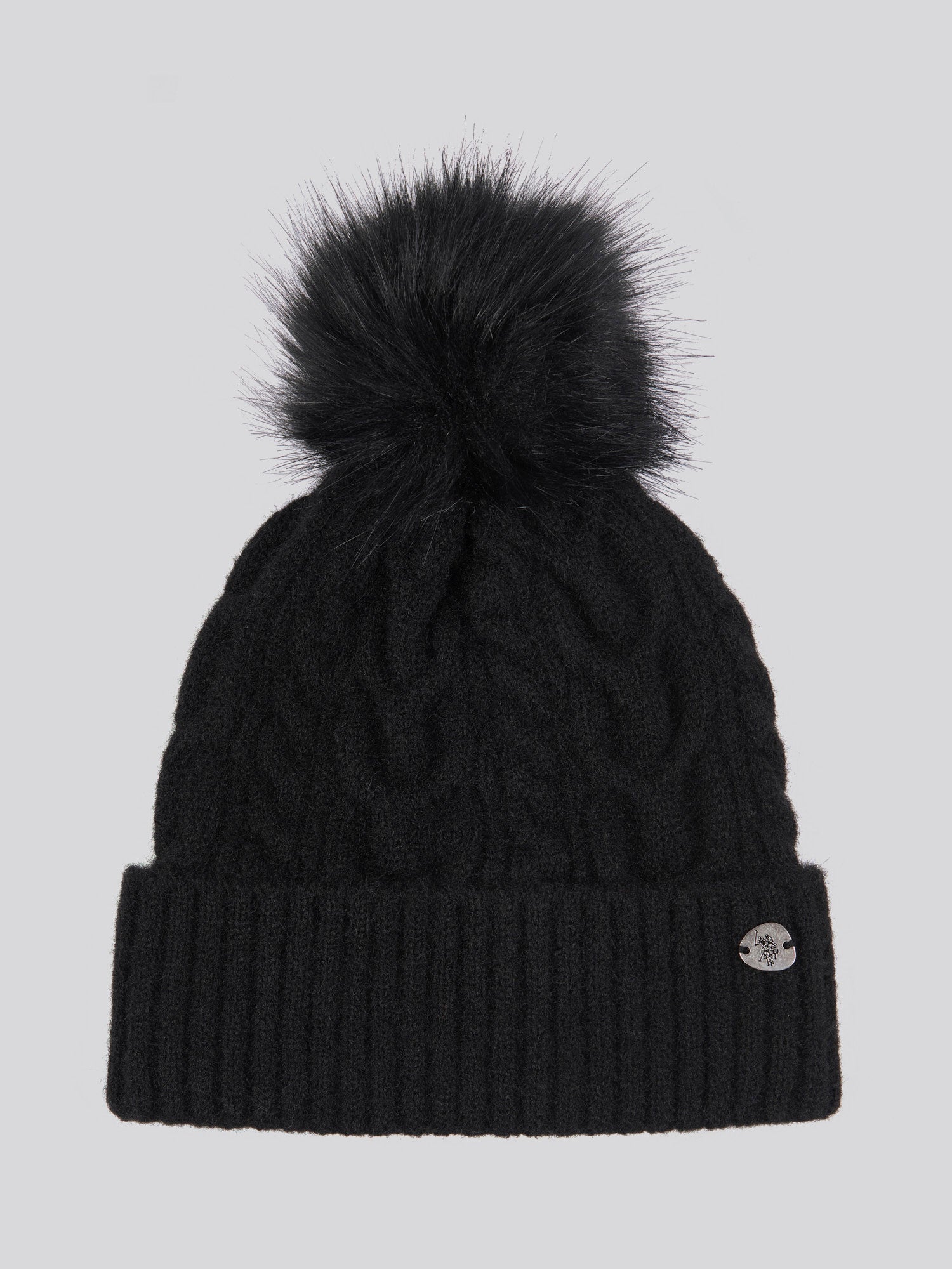 Womens Cable Knit Fur Bobble Beanie in Black