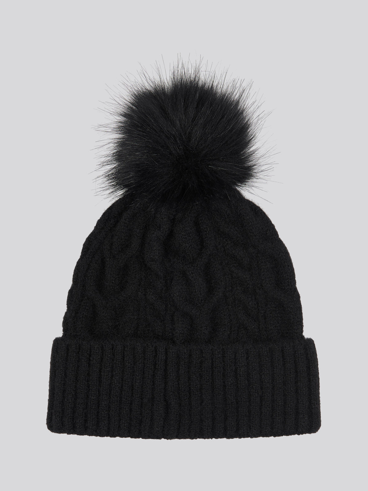 Womens Cable Knit Fur Bobble Beanie in Black