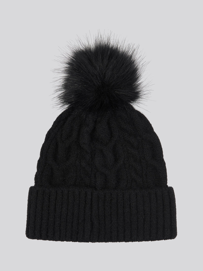 Womens Cable Knit Fur Bobble Beanie in Black