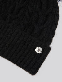 Womens Cable Knit Fur Bobble Beanie in Black