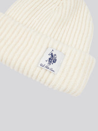 Womens Double Horsemen Woven Patch Beanie in Marshmallow