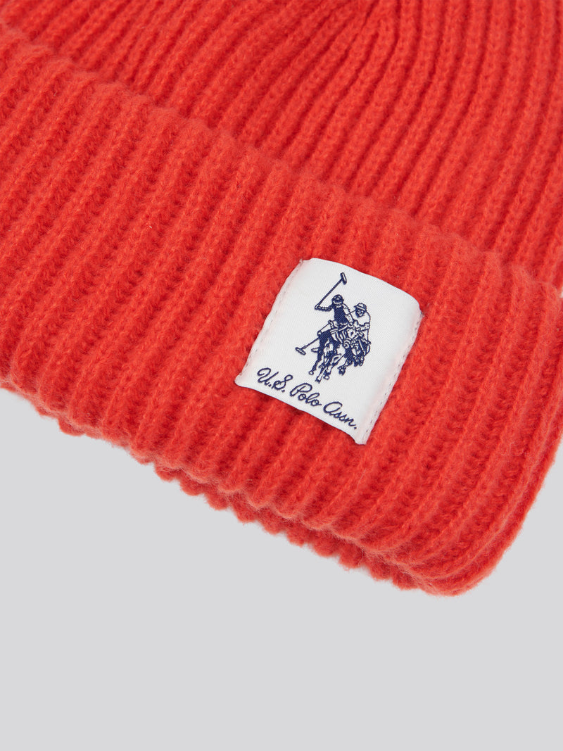 Womens Double Horsemen Woven Patch Beanie in Aura Orange