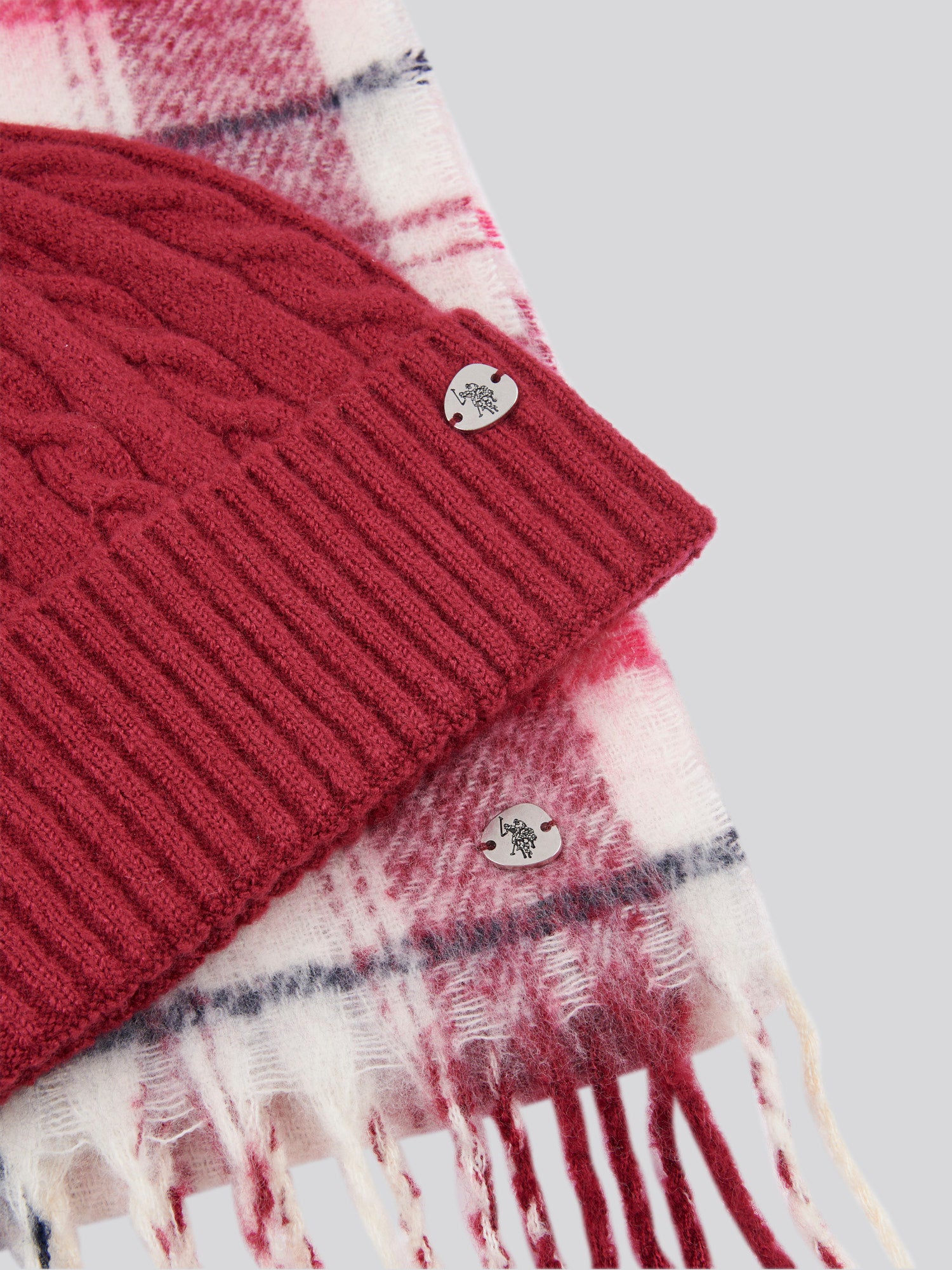 Womens Cable Beanie & Check Scarf Box Set in Beet Red